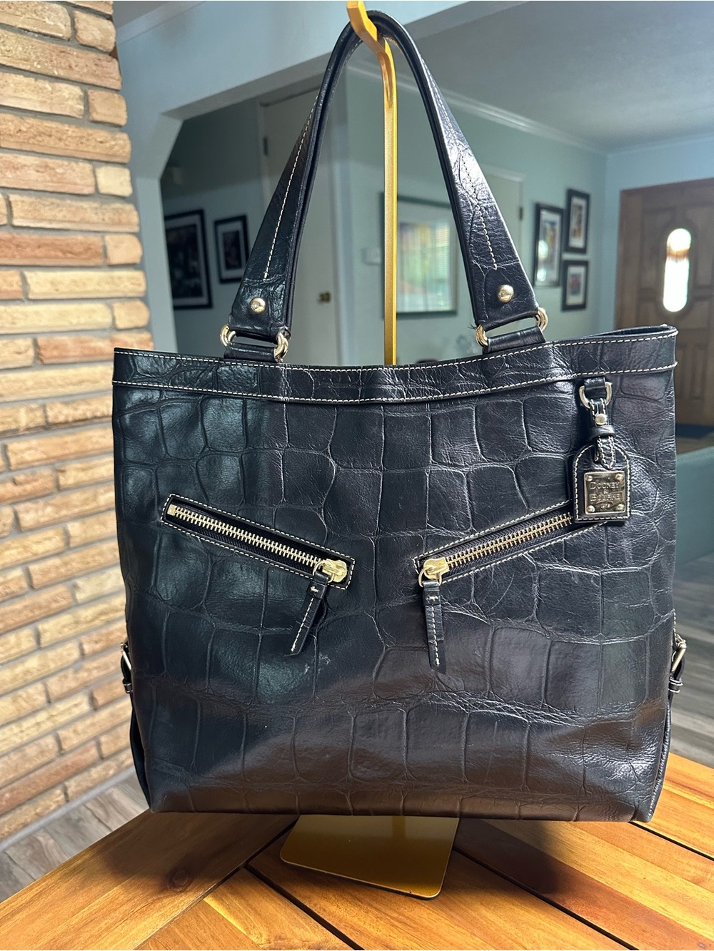 Dooney & Bourke Large Sara Black Croc-Embossed Leather Tote with Gold Hardware